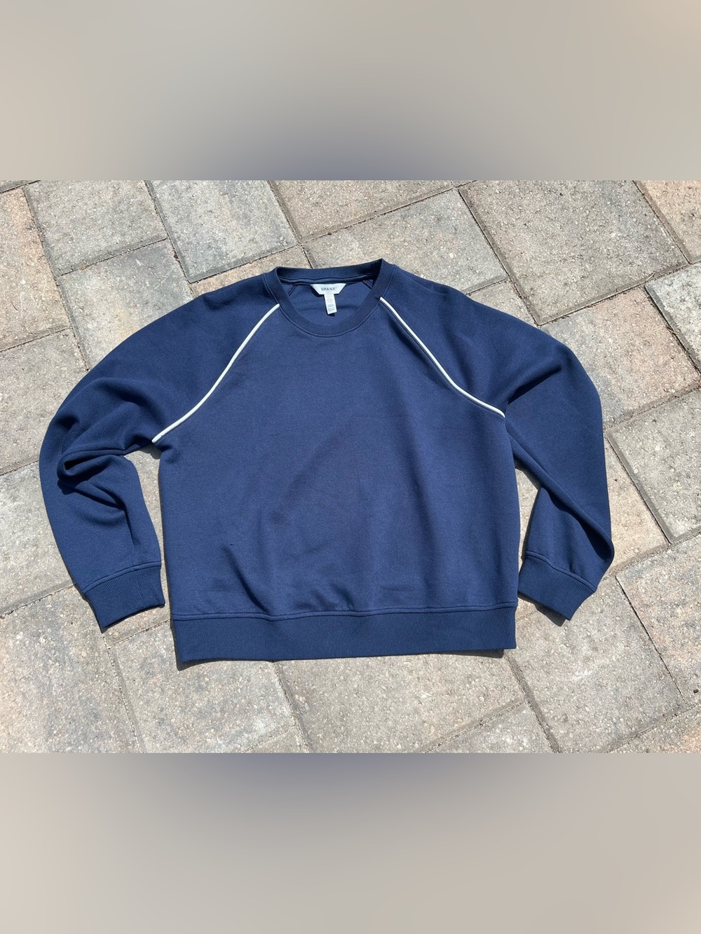 SPANX AirEssentials Pique Crewneck Sweatshirt Timeless Navy white piping XL